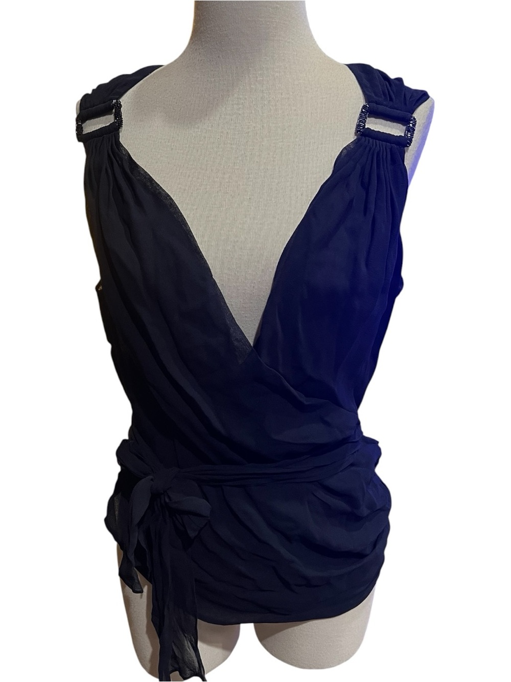 Luisa Spagnoli Vintage Black Silk Draped Deep V-Neck Wrap Blouse Top size L